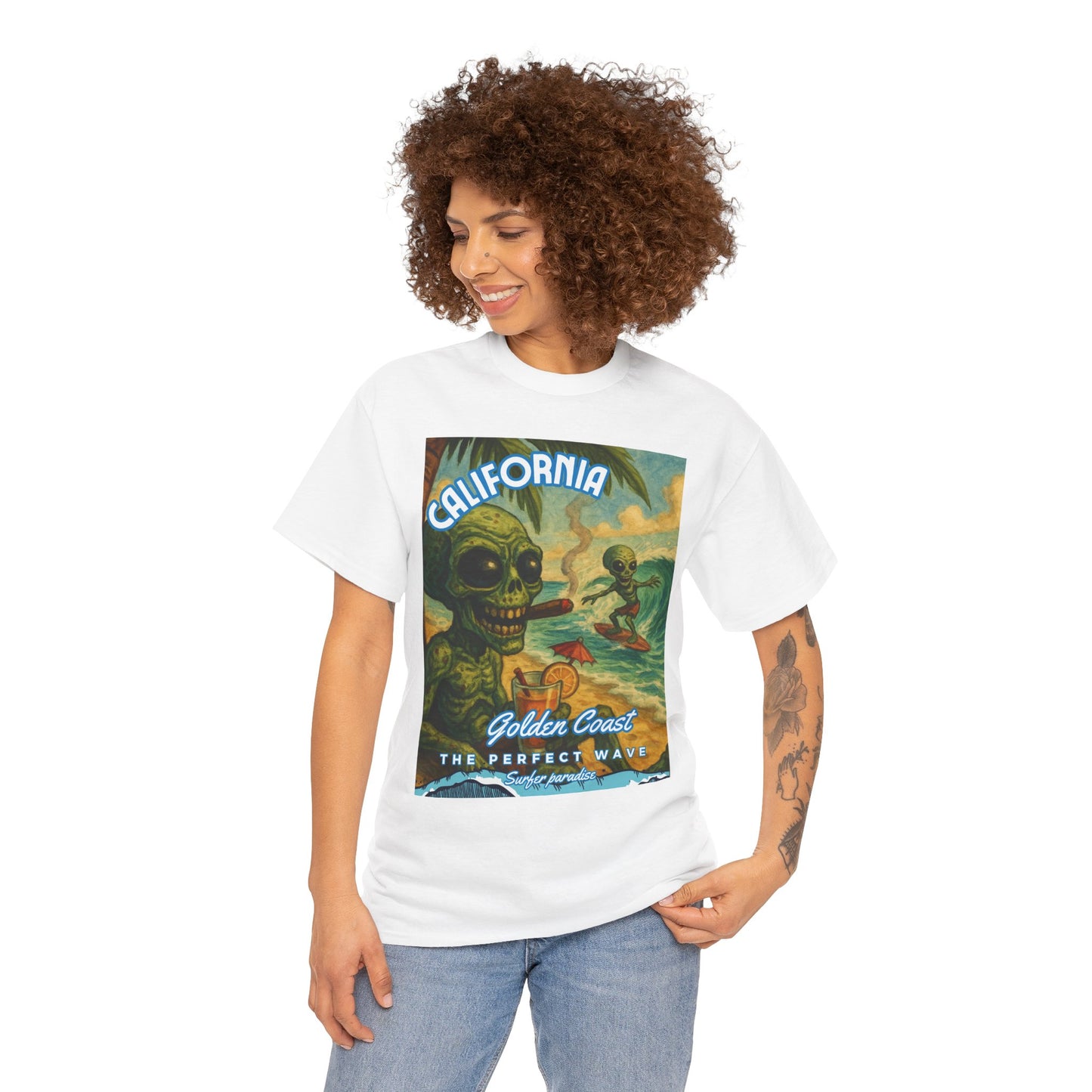 California Surf Vibes Unisex Heavy Cotton Tee - Retro Skeleton Design